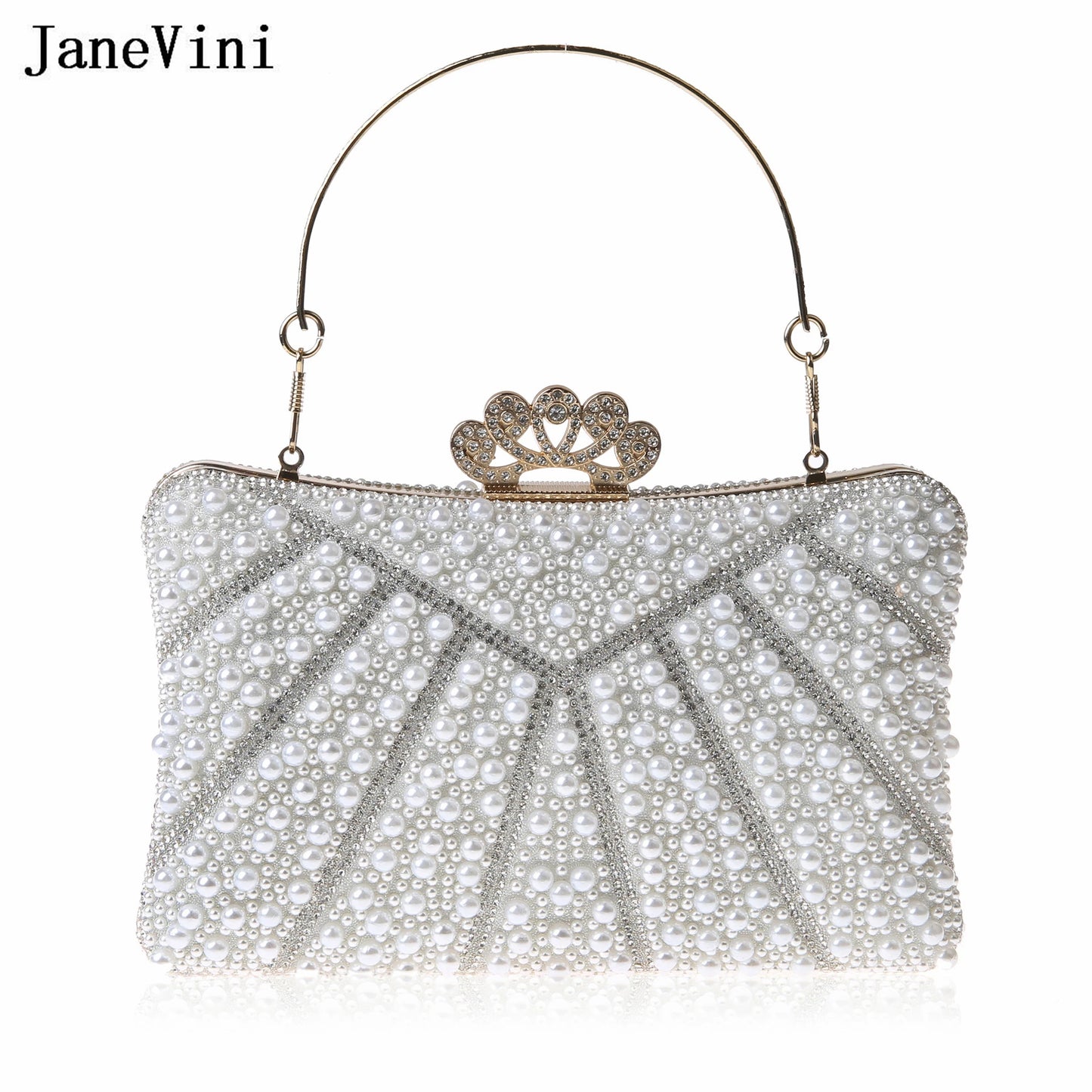 JaneVini Fashion Rhinestone Pearls Hand Bags for Women Ladies Crown Luxury Evening Party Clutch Bag Portable Chain Shoulder Bags