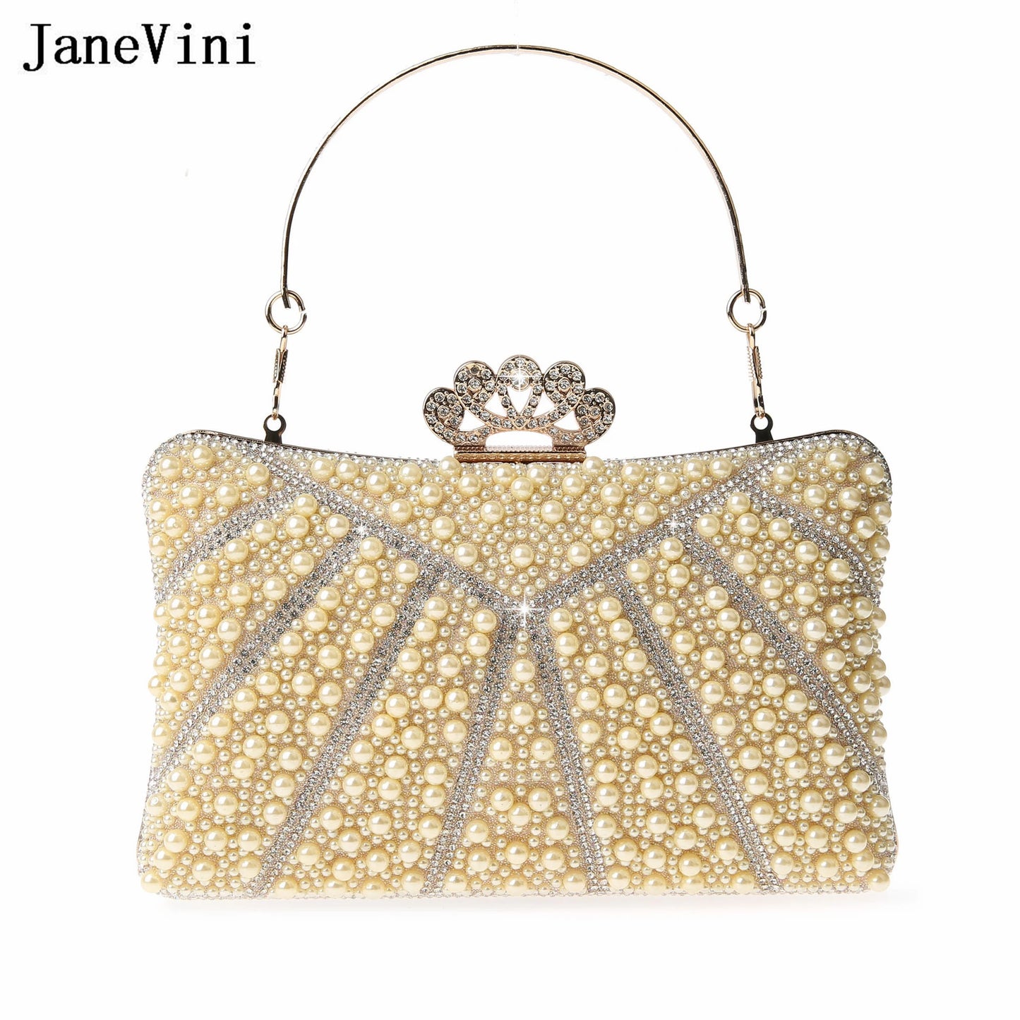 JaneVini Fashion Rhinestone Pearls Hand Bags for Women Ladies Crown Luxury Evening Party Clutch Bag Portable Chain Shoulder Bags
