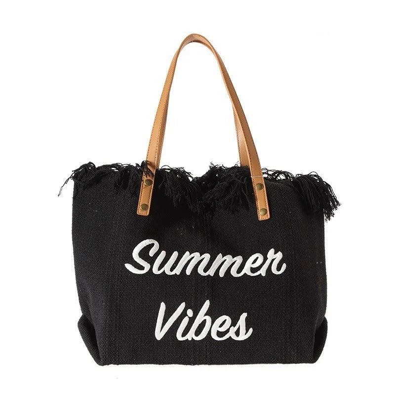 Large Capacity Woven Beach Bag Canvas Tote Bag Embroidered Letter Handbag Women Shoulder Bag Soft Bucket Shape Hip Hop Style