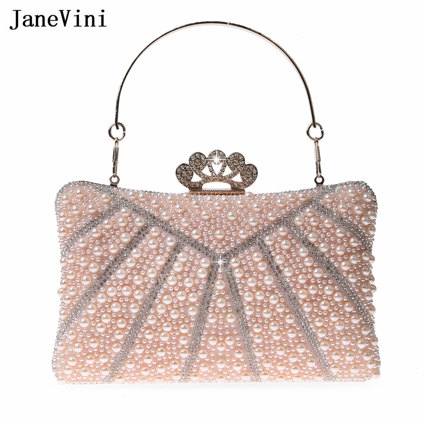 JaneVini Fashion Rhinestone Pearls Hand Bags for Women Ladies Crown Luxury Evening Party Clutch Bag Portable Chain Shoulder Bags