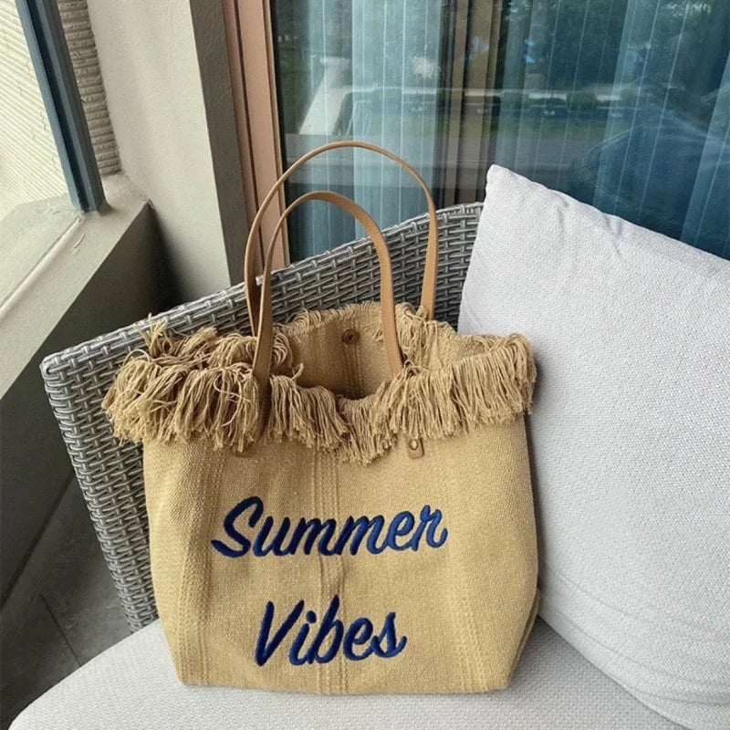 Large Capacity Woven Beach Bag Canvas Tote Bag Embroidered Letter Handbag Women Shoulder Bag Soft Bucket Shape Hip Hop Style