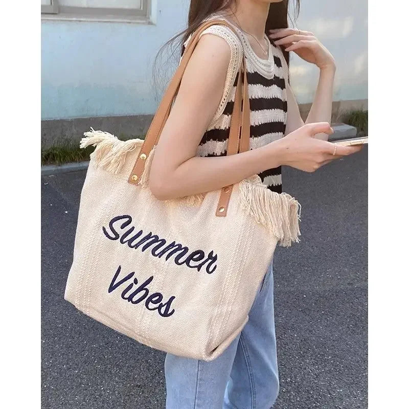Large Capacity Woven Beach Bag Canvas Tote Bag Embroidered Letter Handbag Women Shoulder Bag Soft Bucket Shape Hip Hop Style