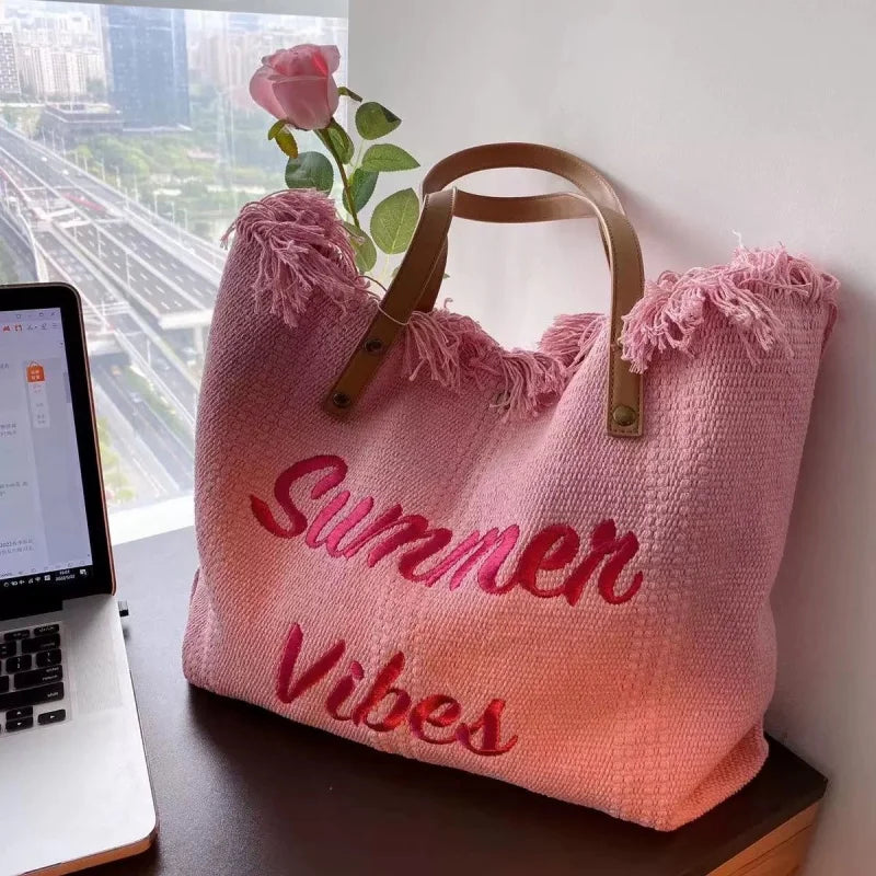 Large Capacity Woven Beach Bag Canvas Tote Bag Embroidered Letter Handbag Women Shoulder Bag Soft Bucket Shape Hip Hop Style