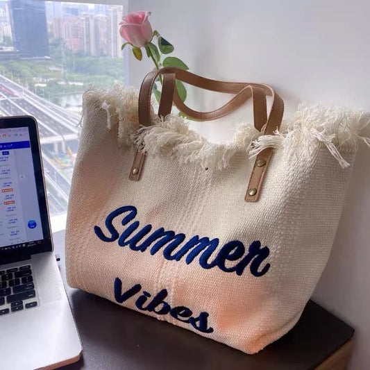 Large Capacity Woven Beach Bag Canvas Tote Bag Embroidered Letter Handbag Women Shoulder Bag Soft Bucket Shape Hip Hop Style