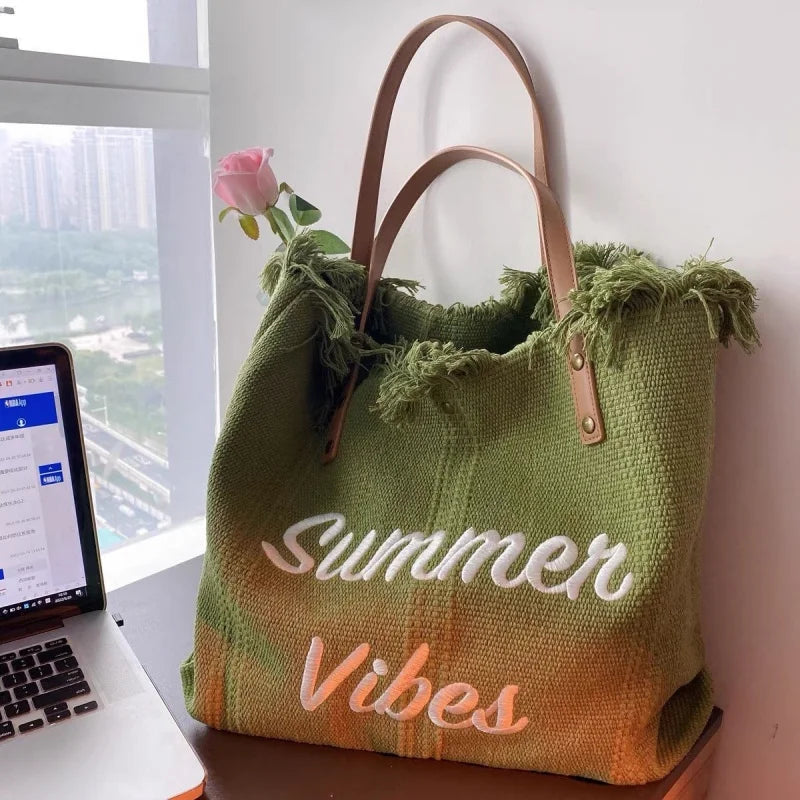 Large Capacity Woven Beach Bag Canvas Tote Bag Embroidered Letter Handbag Women Shoulder Bag Soft Bucket Shape Hip Hop Style