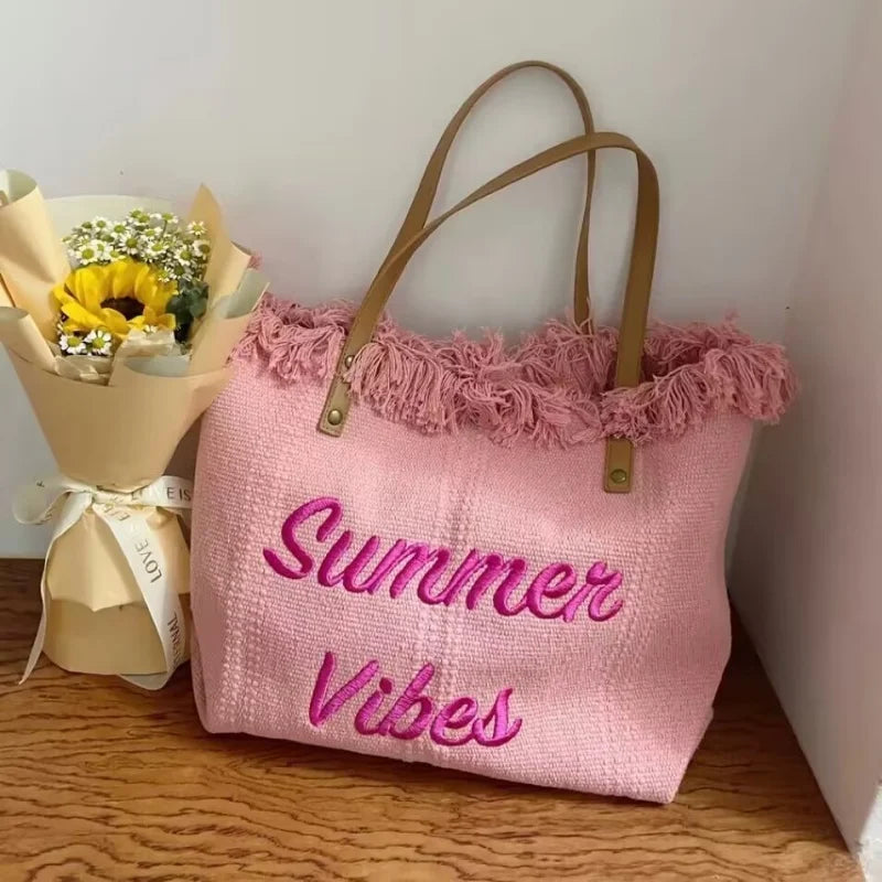 Large Capacity Woven Beach Bag Canvas Tote Bag Embroidered Letter Handbag Women Shoulder Bag Soft Bucket Shape Hip Hop Style