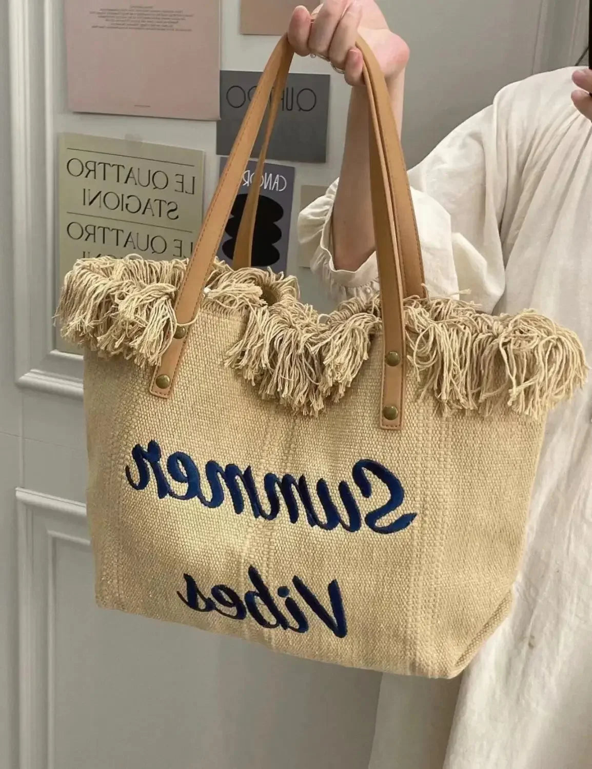 Large Capacity Woven Beach Bag Canvas Tote Bag Embroidered Letter Handbag Women Shoulder Bag Soft Bucket Shape Hip Hop Style