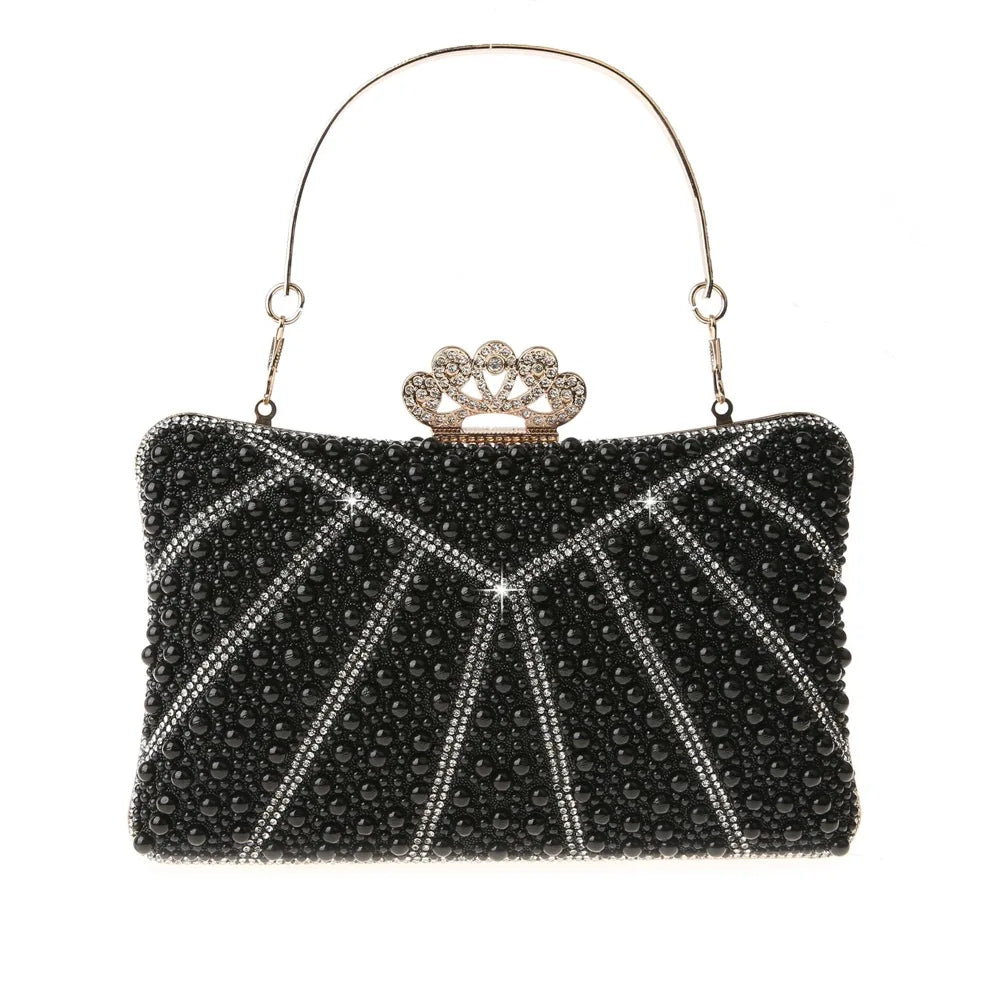 JaneVini Fashion Rhinestone Pearls Hand Bags for Women Ladies Crown Luxury Evening Party Clutch Bag Portable Chain Shoulder Bags