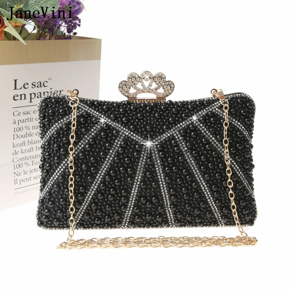 JaneVini Fashion Rhinestone Pearls Hand Bags for Women Ladies Crown Luxury Evening Party Clutch Bag Portable Chain Shoulder Bags