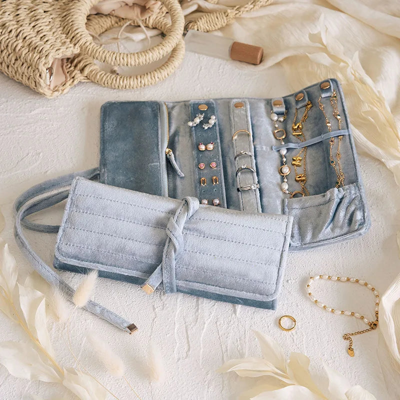 Necklace Storage Bag Portable Velvet Jewelry Bag Earrings Storage Bag Sky Blue For Travel Home Display